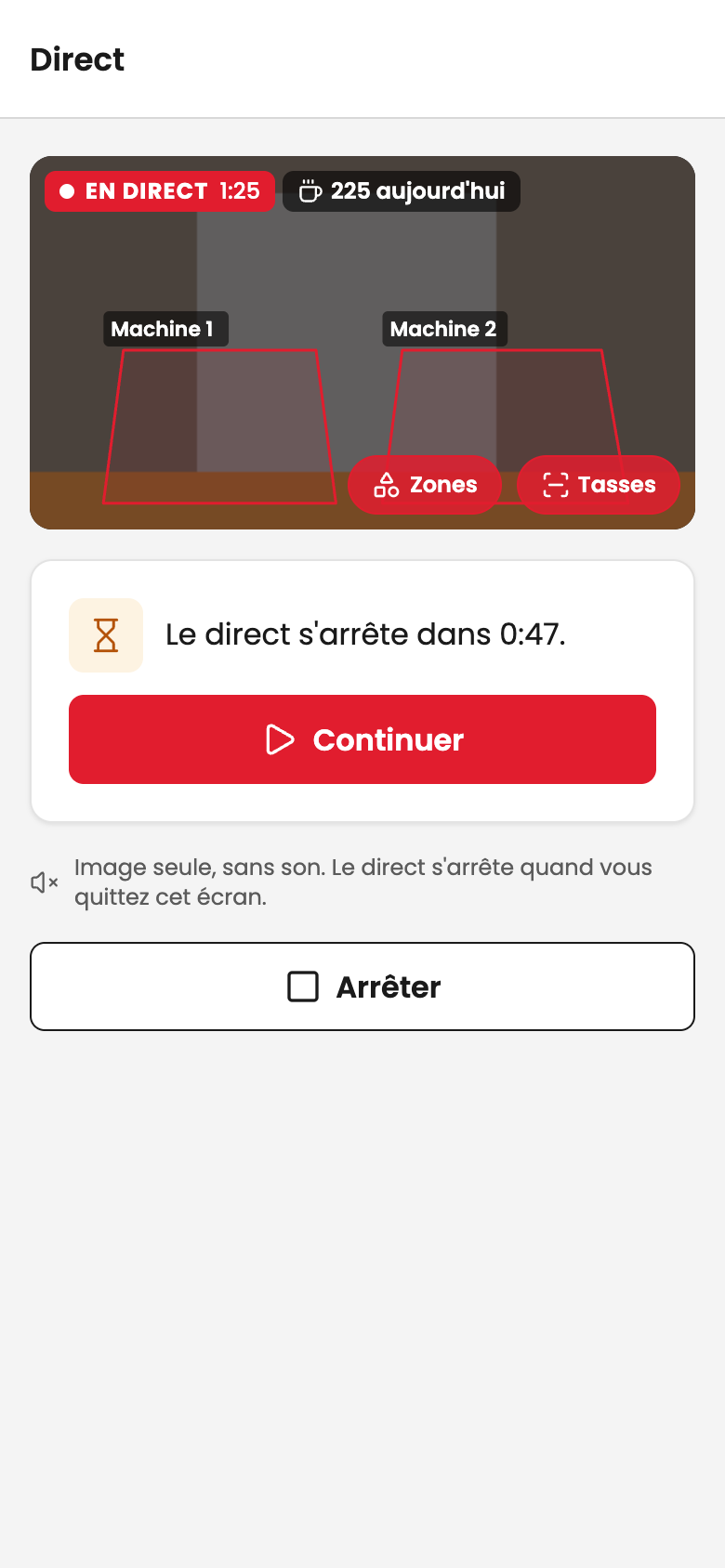 Écran Direct de l'application Fouvu : image du comptoir en direct avec les zones des deux machines (données de démonstration)