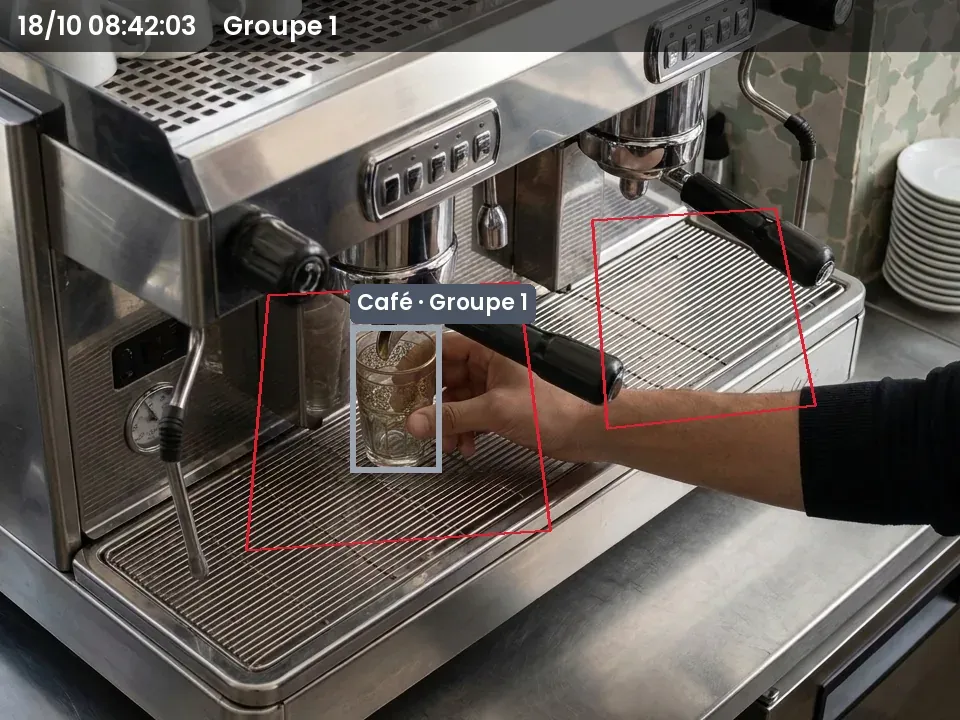 Illustration : un verre posé sous le groupe 1, encadré en gris dans la zone rouge : tasse détectée