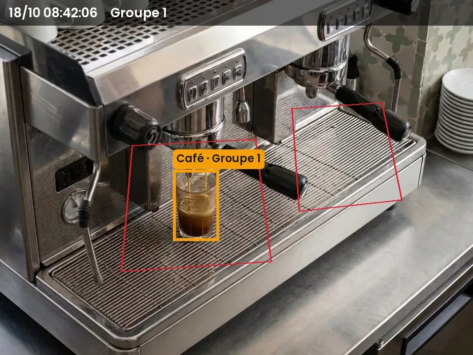 Illustration : le café coule dans le verre, encadré en orange : tasse posée, décompte en cours