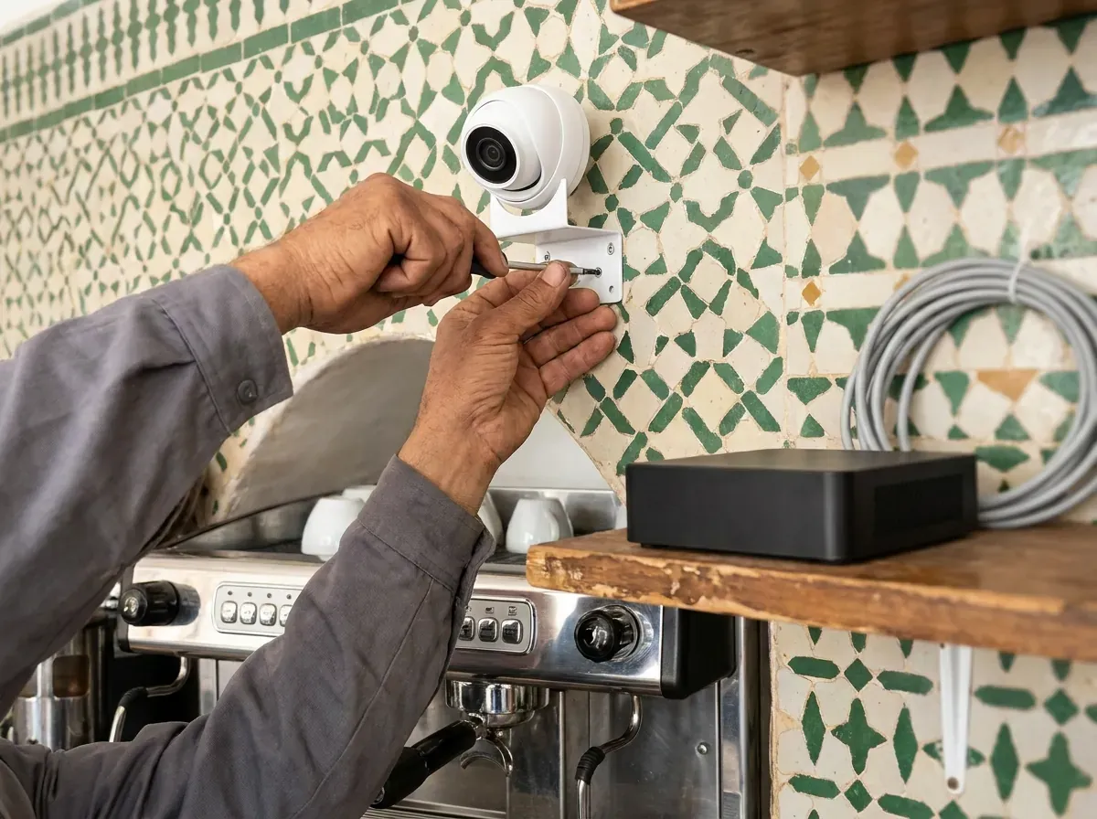 Illustration : un technicien fixe le support d'une petite caméra blanche au-dessus de la machine à expresso, le boîtier Fouvu posé sur une étagère